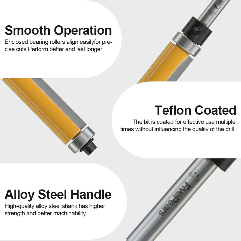 [Australia - AusPower] - FivePears 4 PCS Top and Bottom Bearing Flush Trim Router Bits Set 1/4 Inch Shank, 1/2 Inch Cutting Diameter, 3/4", 1", 1-1/4", 1-1/2" Cutting Length 4 Bits Set - 1/4" Shank 