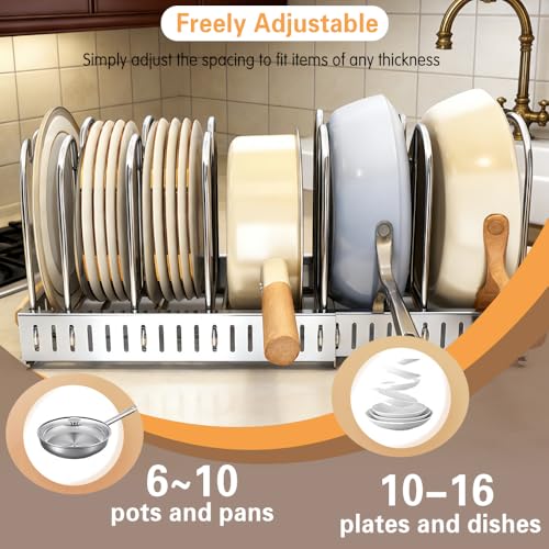 Expandable Pot and Pats Organizer for Cabinet 304 Stainless Steel, 10 Adjustable Dividers Expandable Cookware Rack for Cutting Boards Frying Bakeware, Expanded Size 22.64" Lx7.28 Wx7.68 H