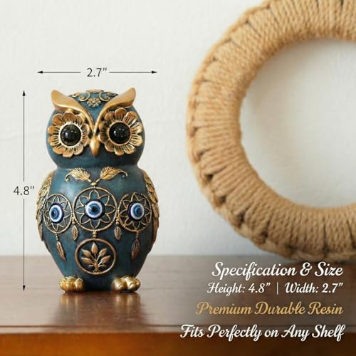 Blue Owl Statue with Evil Eye & Dreamcatcher Decor - 4.8" Resin Owl Figurine for Shelf, Desk & Living Room - Gold Accents Wisdom Bird Sculpture - Unique Boho Spiritual Protection Gift for Women, Mom Blue