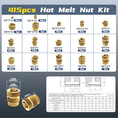425-Piece Threaded Inserts Soldering Tips Set, LCD Adjustable Temperature Soldering Iron 180-500°C with 7 Soldering Tips & Soldering Tip Adapter, 415 Thread Inserts M2/M2.5/M3/M4/M5/M6/M8 for 3D | 7stk Lötspitzen, Soldering Tip Adapter, LCD Einstellbar...