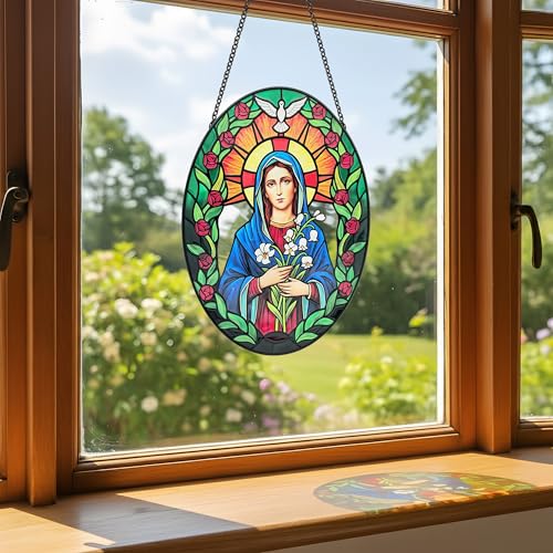 Stained Glass Window Hanging, Virgin Mary Sun Catchers Indoor Window Decor, 8.8 Inch Oval Suncatcher, Christmas Decorations, Christian Gifts for Women, Catholic Gifts for Women