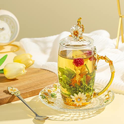 Floral Yellow 12oz Hand Painted Glass Teacup with Lid, Spoon & Saucer - Gift for Mom, Teacher, Lovers - Christmas, Valentine's Day, Mother's Day 12oz Crystal Daisy