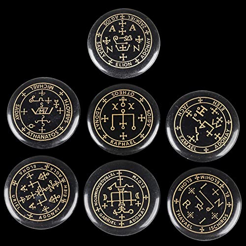 mookaitedecor 7 Piece Stones with Engraved Magic Archangel Symbol Black Black Agate