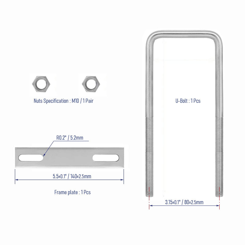 [Australia - AusPower] - 304 Stainless Steel Square U-Bolts 2-3/4"(70mm) Inner Width, 7.87"(200mm) Length Stainless M10 with Nuts, Frame Plate, Accessories for Automobiles Trailer, Boat Trailer Industrial Parts 70×200mm (W*L) 