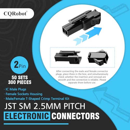 CQRobot JST SM 2.5mm Pitch 2-Pin Electrical Connector Adapter | Connector Strip Socket Housing Crimp Contacts Male/Female Wire to Wire Adapter Cable Assembly 50 Sets/300 Pieces 2P Black