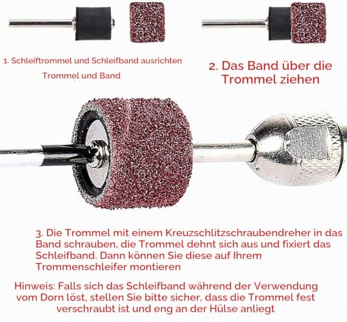 Sanding Sleeves Set of 150 with 144 Sanding Bands and 6 Sanding Rollers | 80/120 grit, standard size drum mandrels grinding drum grinding attachments, drum sander set, for Dremel rotary tool