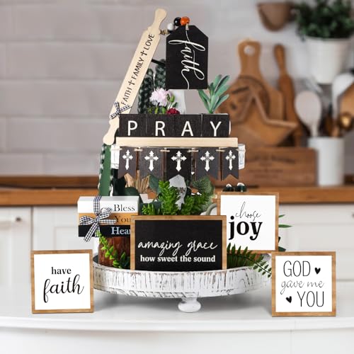 Tatuo 13 Pcs Easter Tiered Tray Decor Set Religious Wooden Table Decor