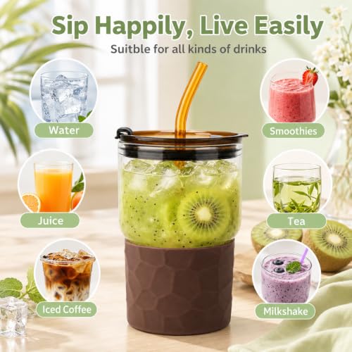 16oz Coffee Tumbler, Reusable Borosilicate Glass Cups with Lids and Straws 4 Packs-2White,2Coffee