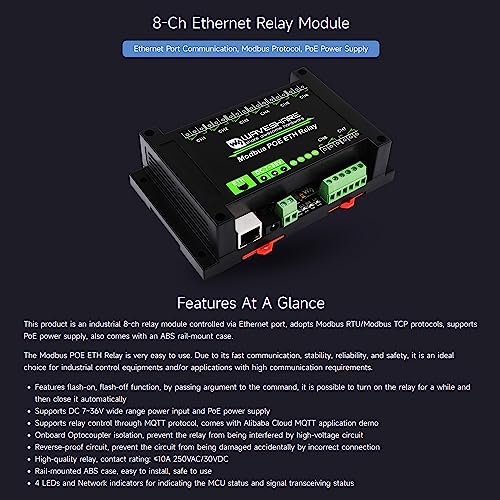 Waveshare 8-Ch Ethernet Relay Module, Modbus RTU/Modbus TCP Protocol, PoE Port Communication, with Various Isolation and Protection Circuits, Industrial Grade Rail-Mount Case