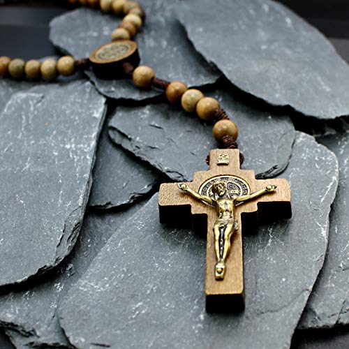 Alexander Castle Our Father Solid Wooden Rosary Beads (Handmade - Brazilian Walnut) with St Benedict Junction - Comes in Velour Gift Pouch