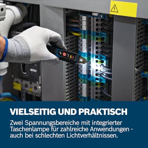 Bosch Professional Voltage Tester GVD 1000-17 | Non-contact voltage detection, IP67, dual range 24-1000V AC, integrated torch, belt clip, CAT IV 1000V tested