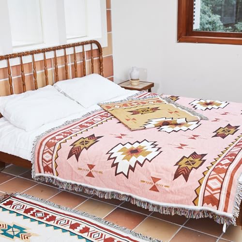 Snycler Boho Throw Blanket for Bed 50 * 60inch Woven Blanket Cotton Polyester Farmhouse Decor for Indoor Outdoor Sofa Bedroom Garden，All Season(Pink) Pink 50x60inch