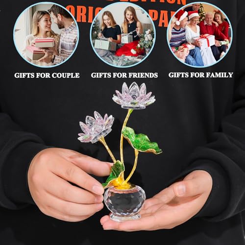 Arikyrist Pink Crystal Lotus Flower with Vase, Handmade Gifts for Women on Birthday, Mother's Day, Home & Office Decor, 2 Duo-Pink
