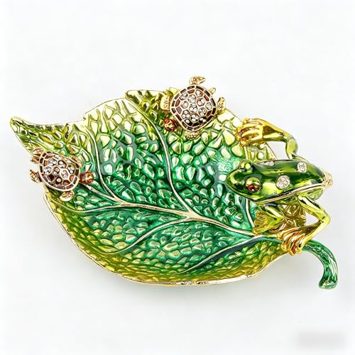 Hand-painted enamel leaf trinket dish featuring a frog and turtle design, ideal for jewelry storage, by SEVENBEES.