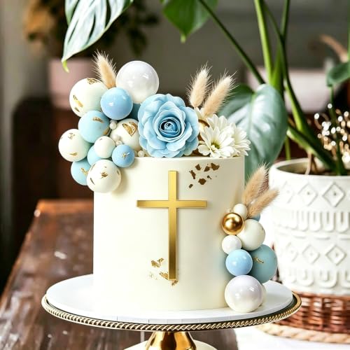 Gold Cross Cake Topper for Baptism, Glod Blue Balls Cake Decorations First Communion & Christening, Acrylic Mirror Decor - 3.94 Inch Holy Cross for Baby Shower, Wedding Cakes