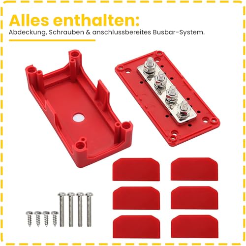Offgridtec BusBar Box 4 x M8 Connection Bolts, Nickel-Plated Brass Connectors, Fiberglass Reinforced Nylon Housing with Removable Cover & Insulation Wall, Modular Power Distribution (200A, Red) Busbar Box 4 x M8 with Cover Red