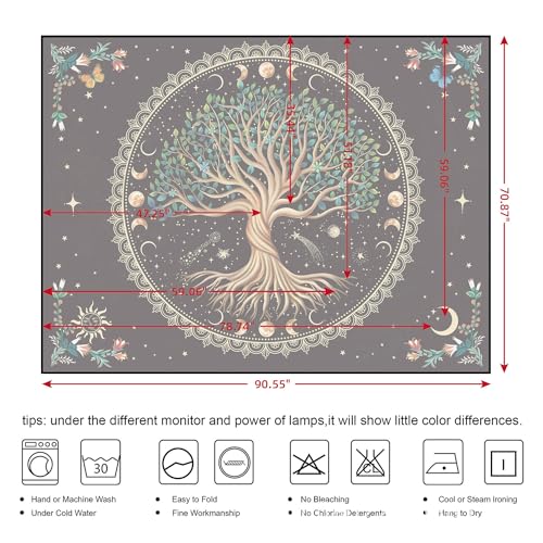Moon Phase Tree of Life Tapestry Nature Flower Plant Butterfly Tapestries Boho Mandala Spiritual Tapestry Aesthetic Wall Hanging for Home Decor Bedroom Living Room Dorm Decor (35.44" x 47.25", Blue) 47.3"L x 35.4"W