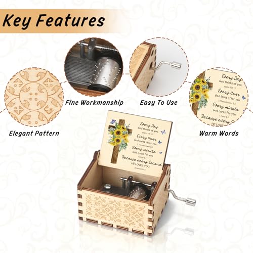 Christian Wooden Music Boxes Wood Musical Box Catholic Religious Spiritual Gifts Faith Based Birthday Christmas Valentines Day Gift Sunflower Gift for Christian Friend Bestie Sisters Gifts from Sister