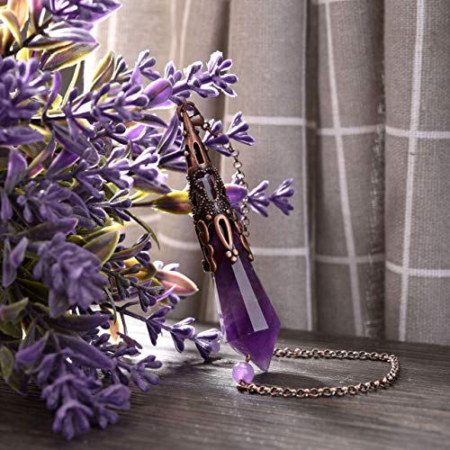 Jovivi Natural Amethyst Crystal 12 Facted Therapy Healing Dowsing Divination Pendulum - Reiki Charged Chakra Balancing Pendant with Chain