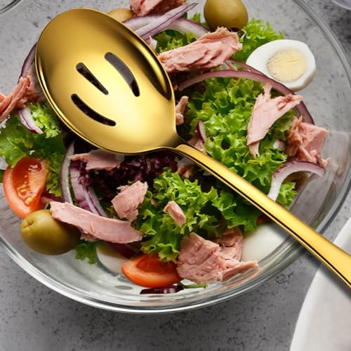 Six-piece KEYOXY gold serving spoons set with large 10-inch handles, includes slotted spoons and forks for serving food.