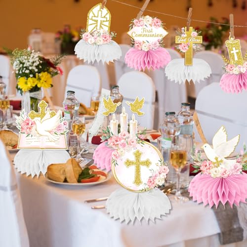 First Communion Decorations Honeycomb Centerppieces, 12Pcs Pink and Gold First Communion Centerpieces for Tables, God Bless Religious Table Centerpices for Girls Baptism Mi Primera Comunion