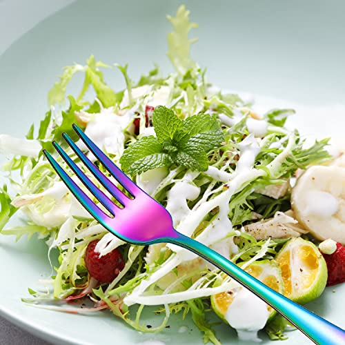 Rainbow Spoons and Forks Set, Set of 16 Top Food Grade Stainless Steel Forks and Spoons Silverware Set, Kitchen Accessories Forks (8 Inch) and Spoons (6.69 Inch) Cutlery Set, Mirror Finish Rainbow