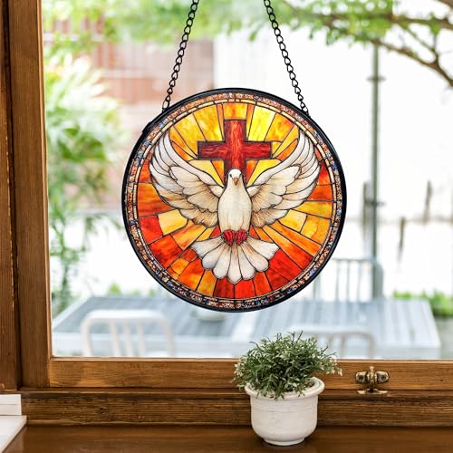 TNUW Christian Cross Bird Stained Glass Window Hanging, Cross Pigeon Bird Sun Catchers Indoor Window Glass Round Wall Art Decor, Religious Christian Wall Hanging Decorations, 7.9＂x7.9＂