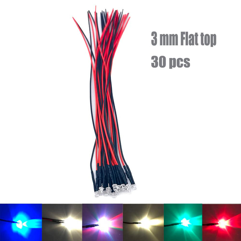 [Australia - AusPower] - 30pcs 12 Volt 3mm 5mm Round Flat top LED Lights Emitting Diodes Pre Wired 7.9 Inch DC 12V LED Light Water Clear Lens Small LED Lamps (3mm Flat top, UV 395nm (30pcs)) 3mm Flat top UV 395nm (30pcs) 