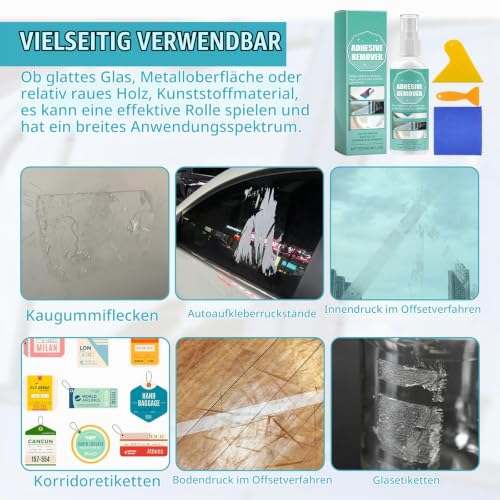 Adhesive residue remover spray, powerful label remover, 120 ml, adhesive remover, complete with scraper and cloth, effectively removes adhesive labels and adhesive residue from glass, plastic and