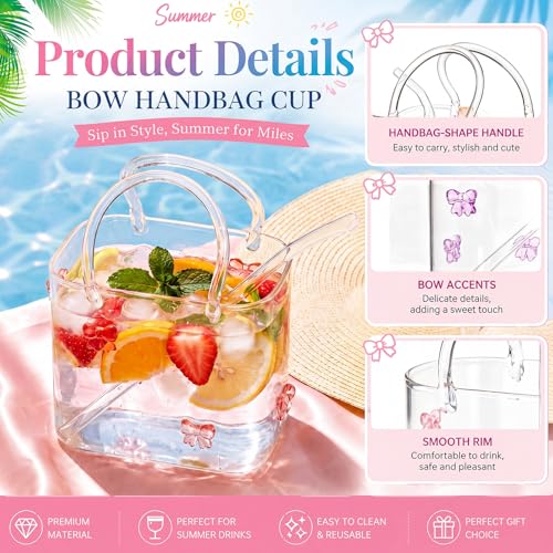 24oz Butterfly Glass Purse Cup with Straw, 2Pcs Pink & Purple Aesthetic Tote Glasses, Transparent Handbag Drinkware, Gift for Women Bridesmaid Birthday Party Travel Cocktail Iced Coffee
