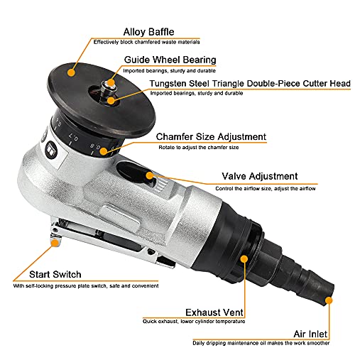 SI FANG Mini 45° Pneumatic Chamfering Machine Set with 2Pc Replaceable Precision Blade and Bearing, Manual Linear Chamfering Tool with 1/4" Air Inlet, for Metal Burr Trimming & Arc Corner Deburring mini Chamfering Machine kit