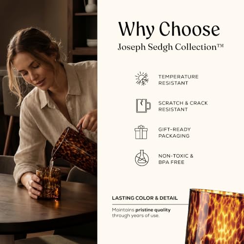 Joseph Sedgh Collection Tortoise Shell DOF Lowball Glass Set of 4 – 10.15 oz Borosilicate Whiskey & Cocktail Glasses – Stylish, Lead-Free, Dishwasher Safe – Gift Box Included