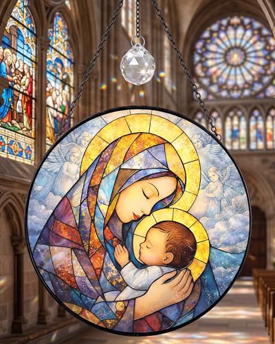 7.8" Stained Glass Window Hanging, Virgin Mary and Baby Jesus Suncatcher Jesus and Mary