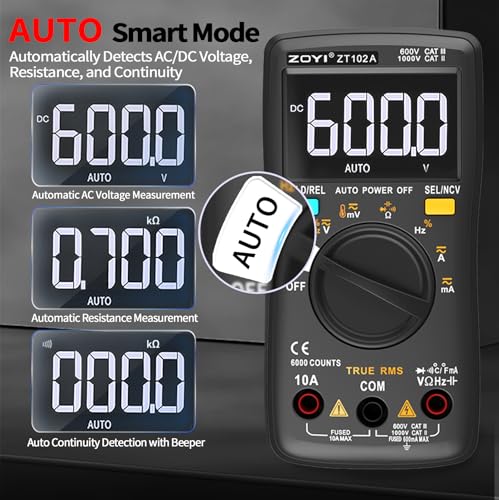 ZOTEK ZOYI digital multimeter with True RMS, 6000 counts, NCV, auto-ranging, and temperature measurement
