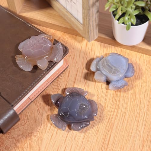 SUNYIK Carved Agate Geode Pocket Statue Natural Turtle Animal Stone Sculpture Figurine Home Office Decor for Healing Meditation