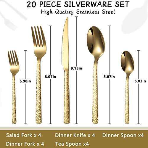 Silverware Set of 20 Stainless Steel Gold Flatware Set for 4 Kitchen Cutlery Sets Includes Forks Spoons Knives for Home Restaurant Hotel G20
