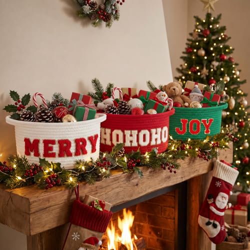 Fumete 3-piece Christmas baskets with chenille rope, woven ornament storage baskets in festive red and green colors.