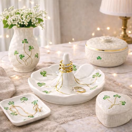 Belleek Classic Shamrock 4.4-Inch Ring Holder Dish, Handcrafted Parian China Jewelry Tray, Irish Decor, White