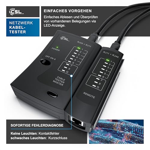 CSL - Network Tester - Network Cable Tester - for RJ45 and RJ11/12 (25)/14 Cable - Patch Cable Tester - LAN Network Cable Tester - 2 Speeds - Test LEDs for Precise Testing