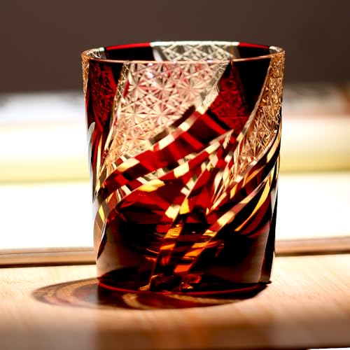 JINZHI Hand-Cut Japanese Edo Kiriko Whisky Glass - Artisanal Colored Crystal Craft Cocktail Glass for Bourbon, Scotch, Old Fashioned - Luxury Barware Gift