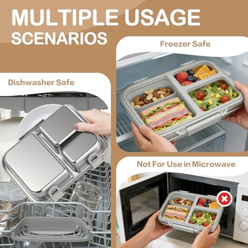 BABHAMNESS Stainless Steel Bento Lunch Box for Kids Adults, 3 Compartments Metal Bento Box with Transparent Lid & Silicone Container for Kids,Dishwasher-Safe,School & Travel,BPA-Free(Grey) Gray