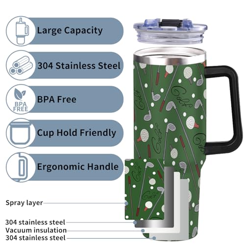 Tumbler with Handle and Straw 40 oz - Golf Sports Water Bottle Leakproof Tumbler Cups, Insulated Stainless Steel Cup Fits in Cup Holder, Gifts for Women Men Golfers Golfing Lover