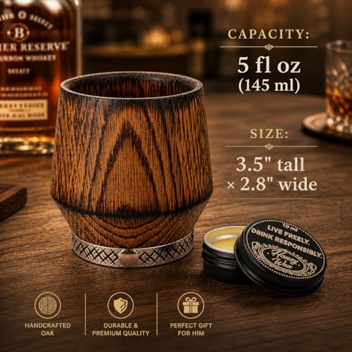 Handcrafted Burned Oak Whiskey Shot Glass – Rustic Oak Bourbon Cup with Decorative Aluminum Band, Beeswax Finished, Unique Gift for Men, Father's Day, Home Bar Drinkware