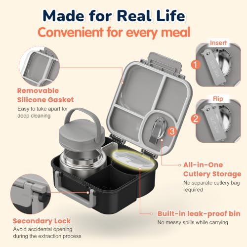 Bento Box for Kids,Leak-Proof Lunch Container with 9oz Insulated Food Jar Black Gray