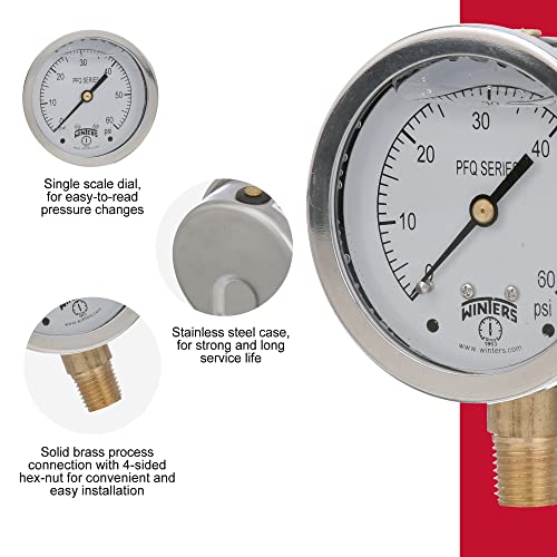 Winters Instruments 2.5-inch glycerin-filled pressure gauge, stainless steel case, brass internals, 0-60 psi, bottom mount