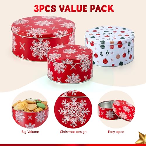JOYIN 3PCS Christmas Cookie Tins with Lids for Gift Giving, Sturdy Holiday Baking Treat Metal Tins for Presents Wrapping, 3 Different Size Xmas Jars for Gift Giving, Party Food Dessert Containers