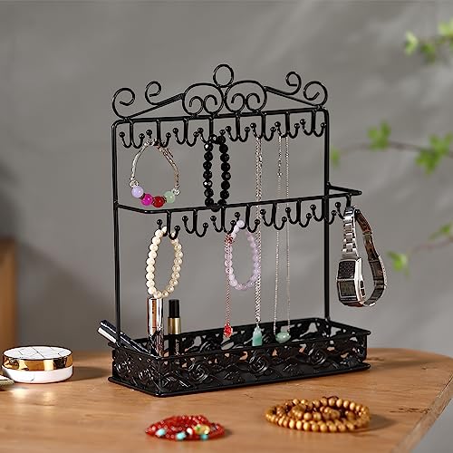Black Metal Jewelry Holder Organizer Stand Necklace Holder Stand with 32 Hooks and Tray for Woman Rose Tray
