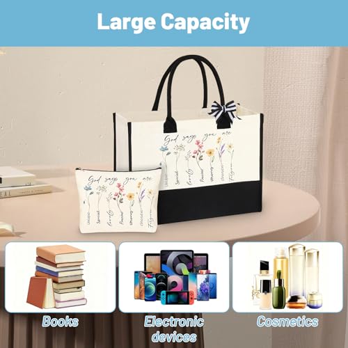 2Pcs Bible Bags Christian Gifts for Women, Large Canvas Tote Bag with Small Make up Bag, Elegant Handbags for Women Christian Gifts Religious Jesus Bible God Says Bag Set for Christmas Birthday