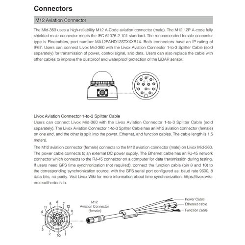 M12 Aviation Cable for DJI Livox Mid-360 Avia HAP LiDAR Sensor Power Network Ethernet to Computer Debug, 12 Pin Female Right Angle to RJ45 Flying Leads, 5m 5 m 1-to-3 splitter cable with angled M12 12-pin