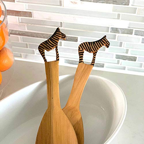 Global Crafts Hand Carved Mhugu Zebra Salad Serving Set - Wood Flatware, Set of 2